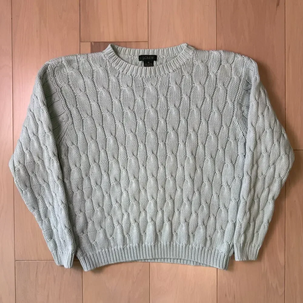 J Crew Cable Knit Sweater Women's Medium Teal Cotton Pullover Minimalist NYC